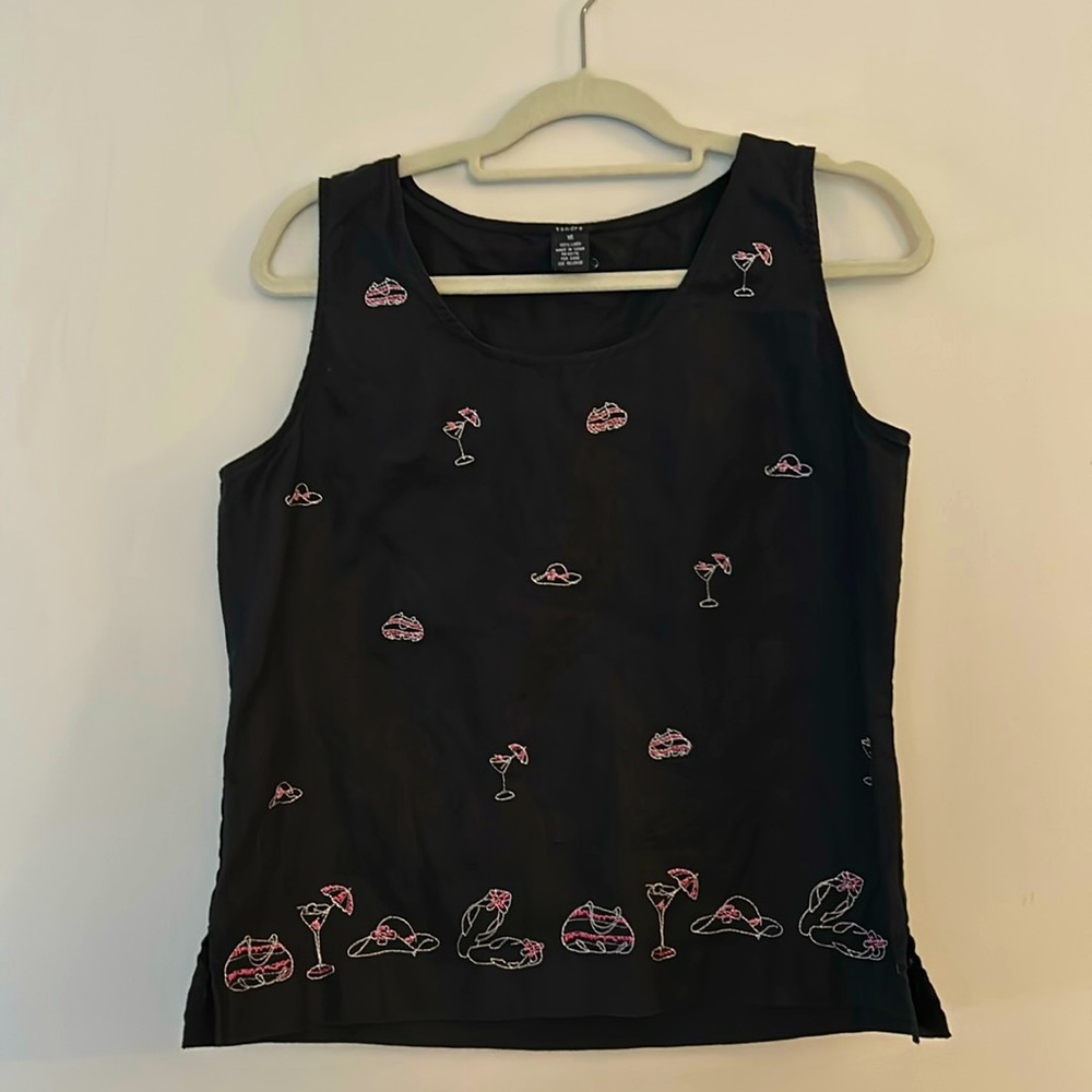 Sandra sleeveless black printed 100% linen top